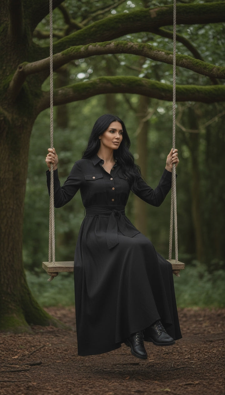 🌿 "Elegant Linen Dress – Long Sleeve with Buttons & Belt | Army Green & Black 🌿| زيتى بحزام