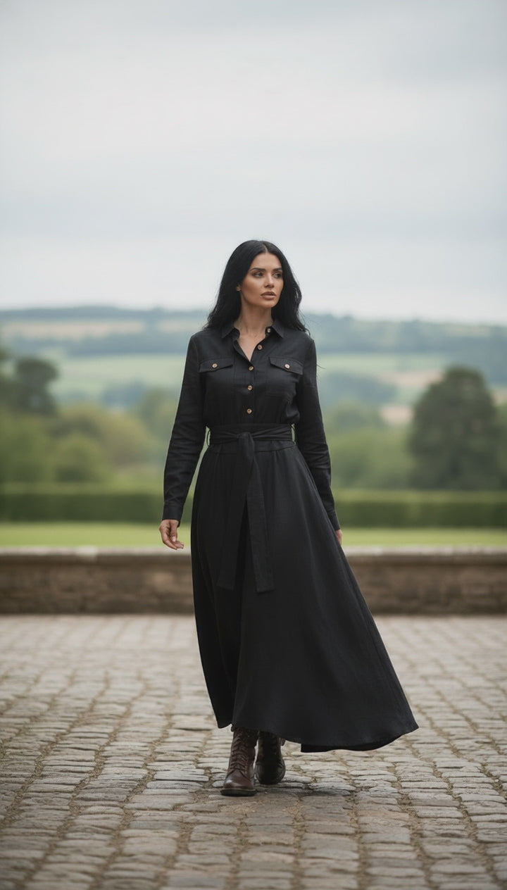 🌿 "Linen Dress – Long Sleeve with Buttons & Belt | Army Green & Black 🌿| زيتى بحزام