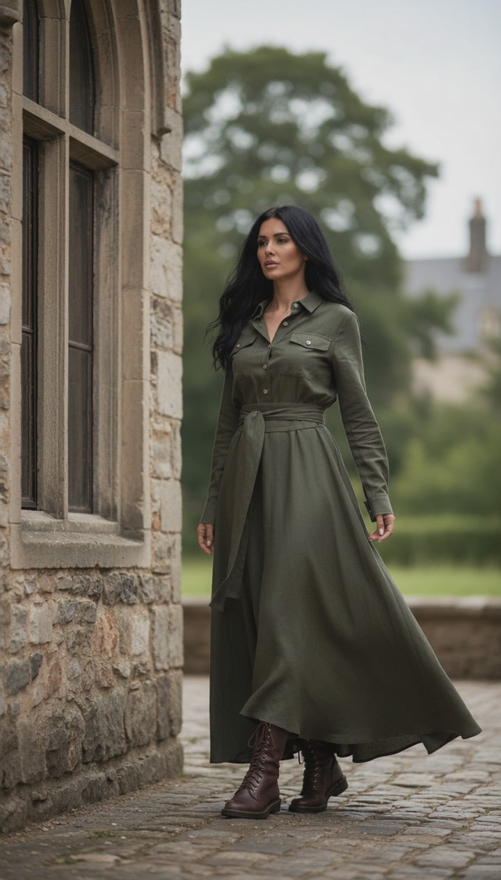 🌿 "Elegant Linen Dress – Long Sleeve with Buttons & Belt | Army Green & Black 🌿| زيتى بحزام