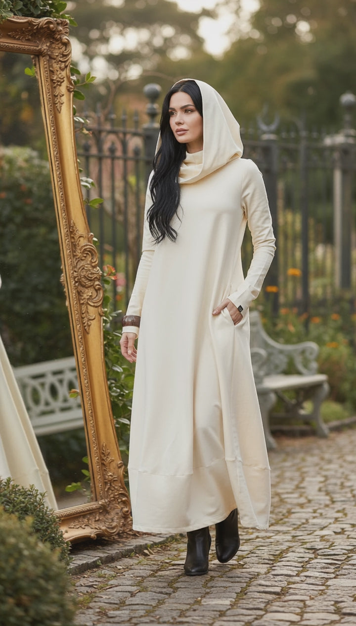 COTTON Hooded Dress with Side Pockets and Thumbhole — اوفوايت سمر