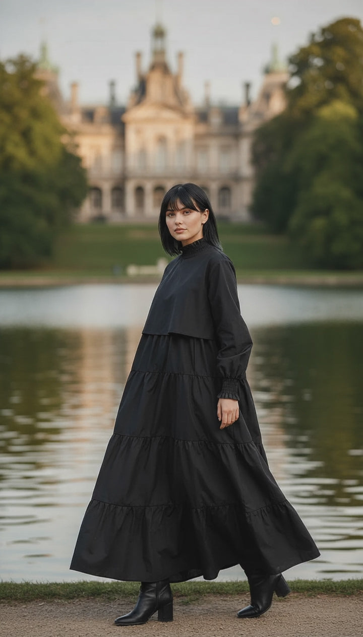 🖤 "Black Lycra Maxi Dress – Flowy Tiers & Comfortable Cuffs |  🖤 | ادوار استك