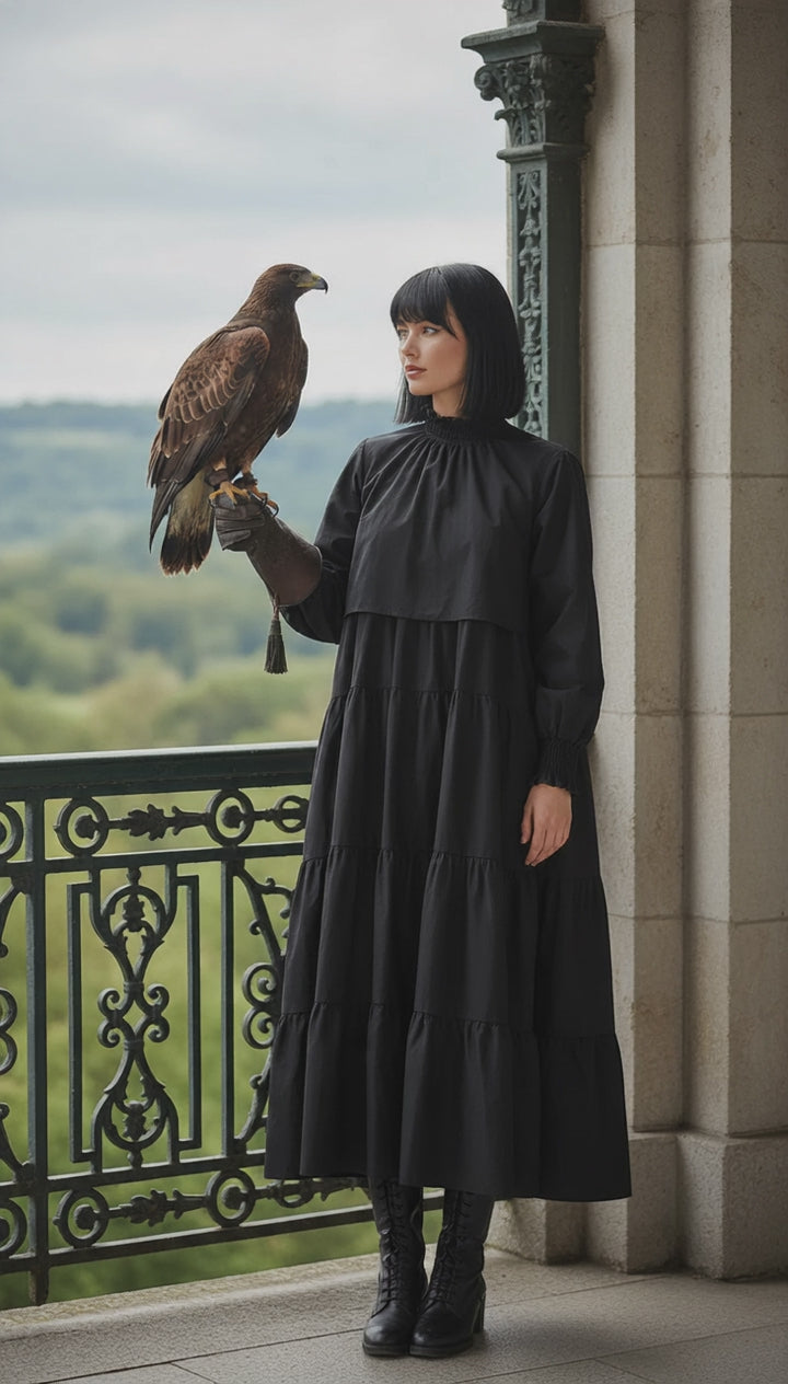 🖤 "Black Lycra Maxi Dress – Flowy Tiers & Comfortable Cuffs |  🖤 | ادوار استك