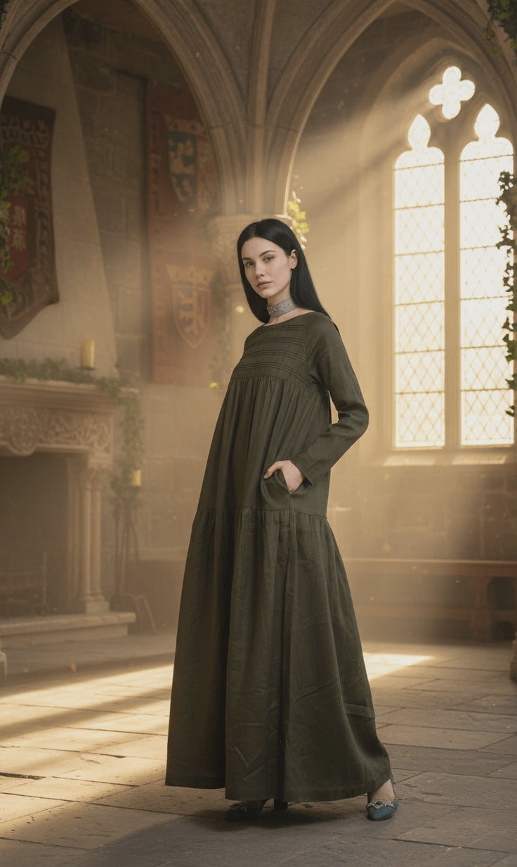 Maxi Linen Dress with Hidden Side Pockets|جنصات