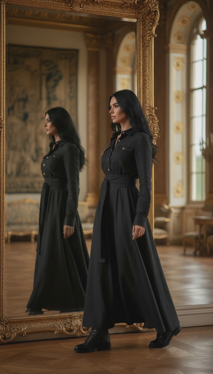 🌿 "Linen Dress – Long Sleeve with Buttons & Belt | Army Green & Black 🌿| زيتى بحزام